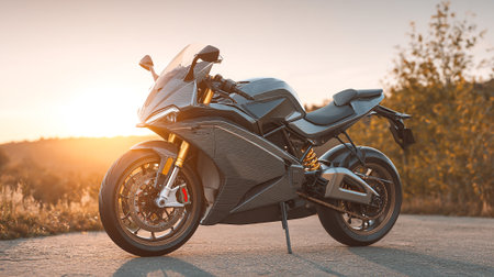 Sleek and modern motorcycle design with textured surface basking in the golden sunset.の素材