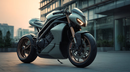 Futuristic Silver Motorcycle Parked in Urban Setting with Golden Skyの素材