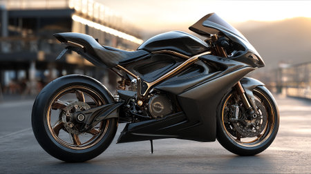 Elegant Black Motorcycle with Gold Accents Poised on Urban Roadwayの素材
