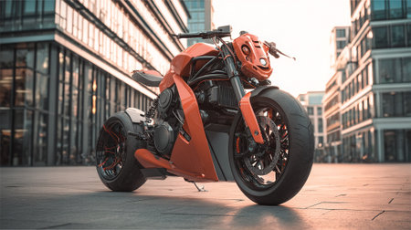 Futuristic Orange Motorcycle Parked Downtown With Modern Buildings In The Backgroundの素材