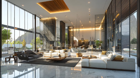 Luxurious living room with large windows and modern design elements.の素材