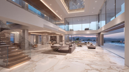 Luxurious modern home interior showcasing spacious living area and architectural design elementsの素材