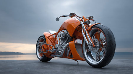 Bold Orange Custom Motorcycle Against Tranquil Waterscape, A Symbol of Freedom.の素材