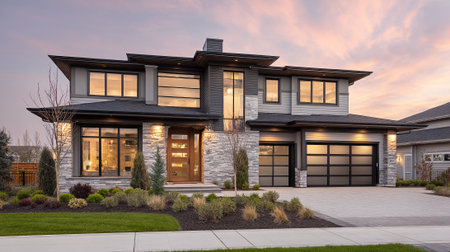 Modern Architecture: Beautiful Two-Story Home with Landscaping at Sunset, Stylish and Sophisticatedの素材