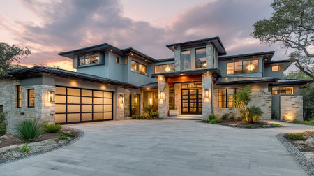 Stunning Modern Home Exterior Design with Stone and Dramatic Sunset Skyの素材