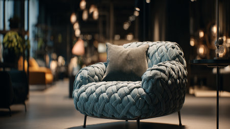 Elegant woven armchair with velvet pillow in a modern interior setting.の素材