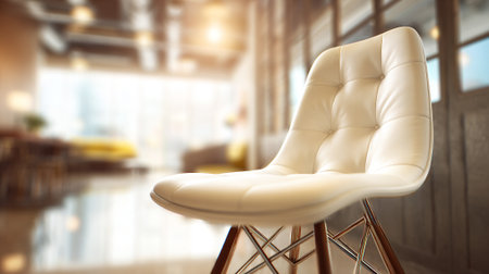 Elegant white chair with modern chrome legs situated in a bright office.の素材