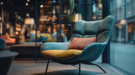 Modern armchair with pillows sits in an elegant, sophisticated interior space.の素材