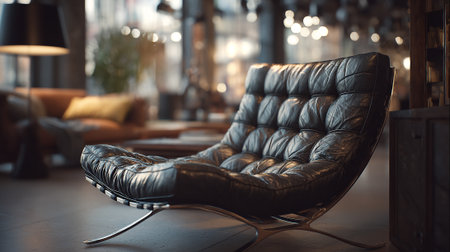 Stylish black leather chair in an upscale modern living room spaceの素材