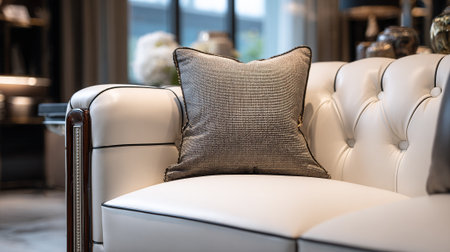 Elegant white leather couch with textured pillow in luxurious living roomの素材