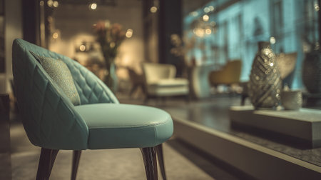 Elegant teal chair in stylish room with decorative objects around itの素材