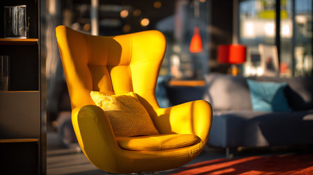 Striking Yellow Egg Chair with Pillow in Bright Living Spaceの素材