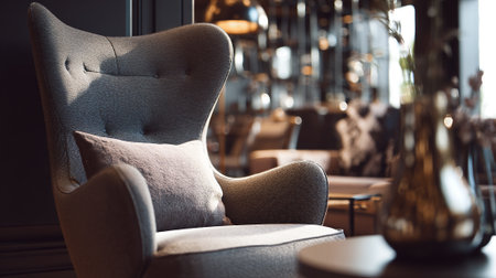 Elegant gray armchair with soft cushion in a relaxed, neutral-toned loungeの素材