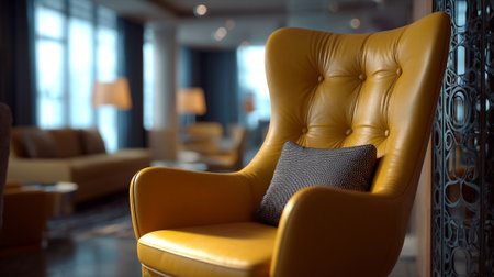 Elegant yellow armchair with pillow in a modern waiting room interiorの素材