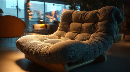 Plush lounge chair in modern interior space bathed in golden lightの素材