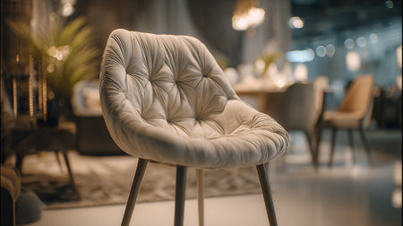 Elegant Tufted Armchair in Neutral Tones Displayed in a Modern Interior Settingの素材