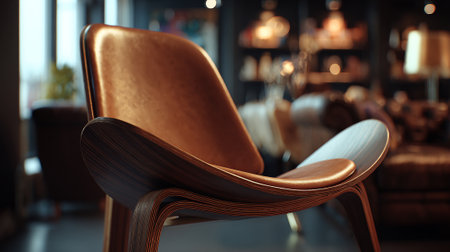 Sleek Modern Lounge Chair with Brown Leather and Wood Frame Interiorの素材