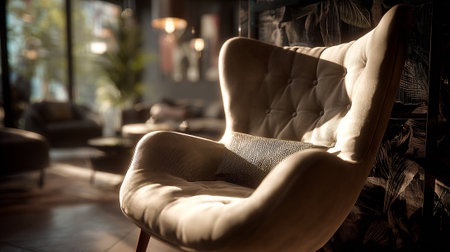 Cozy armchair bathed in sunlight, a tranquil interior design conceptの素材