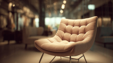 Elegant tufted armchair exudes modern style against a softly blurred background.の素材