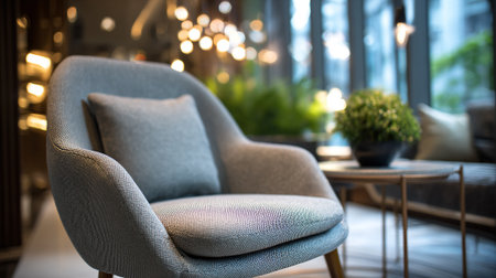 Elegant gray armchair with decorative pillow in stylish modern interior space.の素材