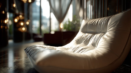 Modern Living Room with Luxurious White Leather Lounge Chair in Sunlightの素材