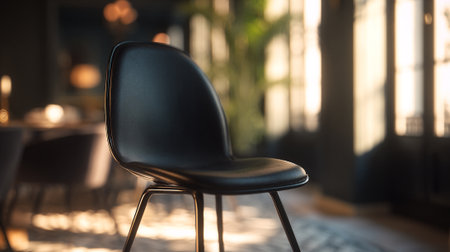Elegant black chair in a warmly lit contemporary dining area.の素材