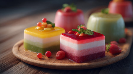 Colorful Layered Desserts: Tempting Fruity Gelatin Treat on a Wooden Trayの素材