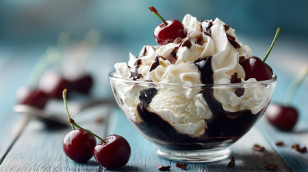 Delicious Cherry Sundae with Whipped Cream and Chocolate Syrup Delightの素材