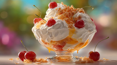 Delicious cherry sundae dessert topped with whipped cream and flakesの素材
