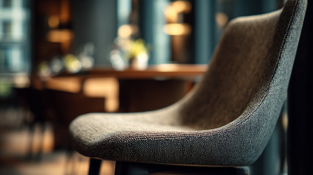 Elegant gray chair accentuates a modern, stylish room with a blurred background.の素材