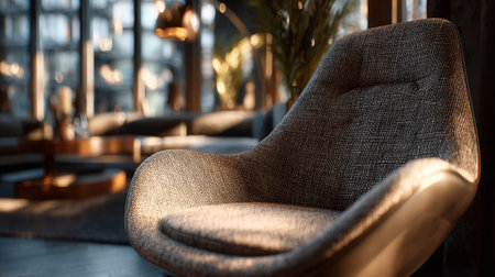 Modern armchair design in a warm, inviting interior bathed in golden lightの素材