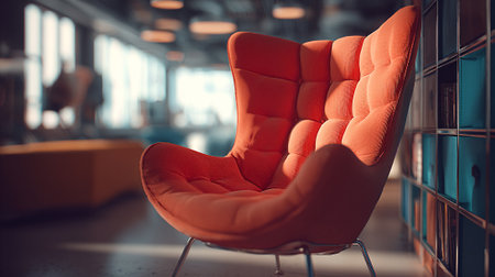 Comfortable orange armchair in sunlit office space for relaxation and brainstorming.の素材