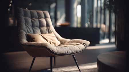 Luxurious upholstered armchair with a tan pillow, modern interior setting.の素材