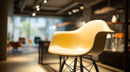 Modern Yellow Armchair in a Bright Interior Showroom with Bokeh Lightsの素材