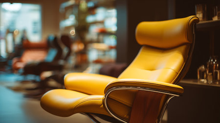 Luxurious Yellow Leather Lounge Chair in Modern Office Waiting Room Settingの素材