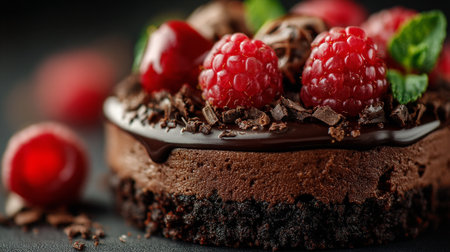 Decadent Chocolate Dessert Topped with Fresh Raspberries, Cherries, and Mintの素材