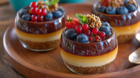 Delicious individual trifles with berries, walnuts, and chocolate served on wood.の素材
