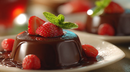 Decadent Chocolate Dessert with Strawberries and Mint, Close-Upの素材