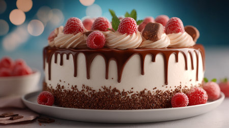 Delicious Raspberry Cake with Chocolate Drip and Cream Decorationの素材