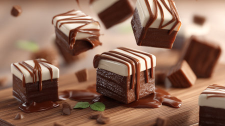 Delicious Chocolate Fudge Cubes with Creamy Topping in Sweet Descentの素材