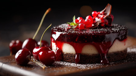 Delicious Cherry Cake with Red Glaze on Rustic Wooden Boardの素材