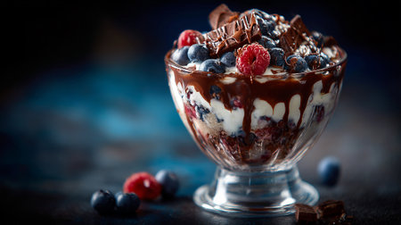 Decadent Fruit Parfait with Dark Chocolate Drizzle and Fresh Berriesの素材