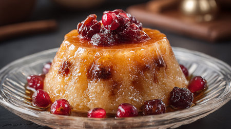 Delicious Caramel Custard Dessert Topped with Red Fruit Delightsの素材