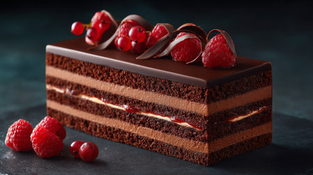 Luxurious layered chocolate cake adorned with fresh raspberries and chocolate curlsの素材