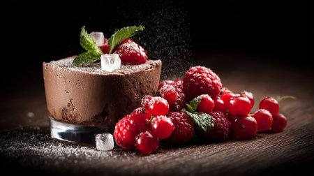 Decadent chocolate dessert presented with red berries and sugared ice.の素材