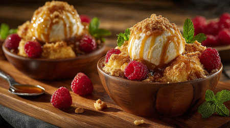 Delicious Raspberry Dessert Bowls with Caramel Drizzle and Vanilla Ice Creamの素材