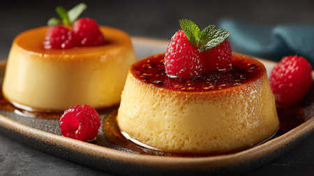 Delicious Caramel Custard Dessert with Fresh Raspberries and Mint Garnishの素材