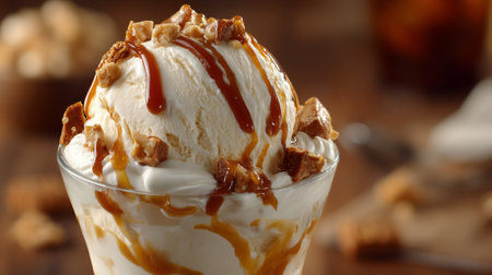 Decadent Vanilla Ice Cream Sundae with Caramel and Candy Piecesの素材
