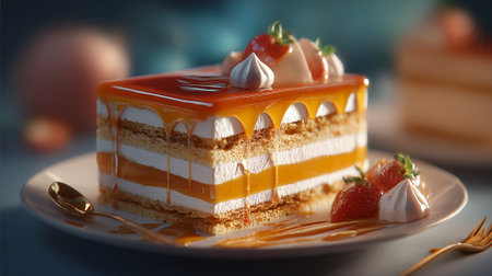 Delicious Layered Cake with Strawberries and Caramel Drizzle on Plateの素材