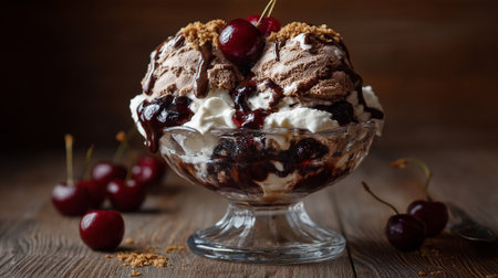 Decadent Chocolate Ice Cream Sundae with Cherries on Wooden Tableの素材